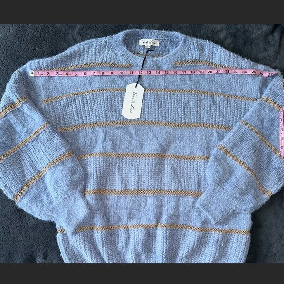 SALE Light Blue Gold Stripe Chunky Knit Soft Sweater Women's Large - Picture 3 of 9